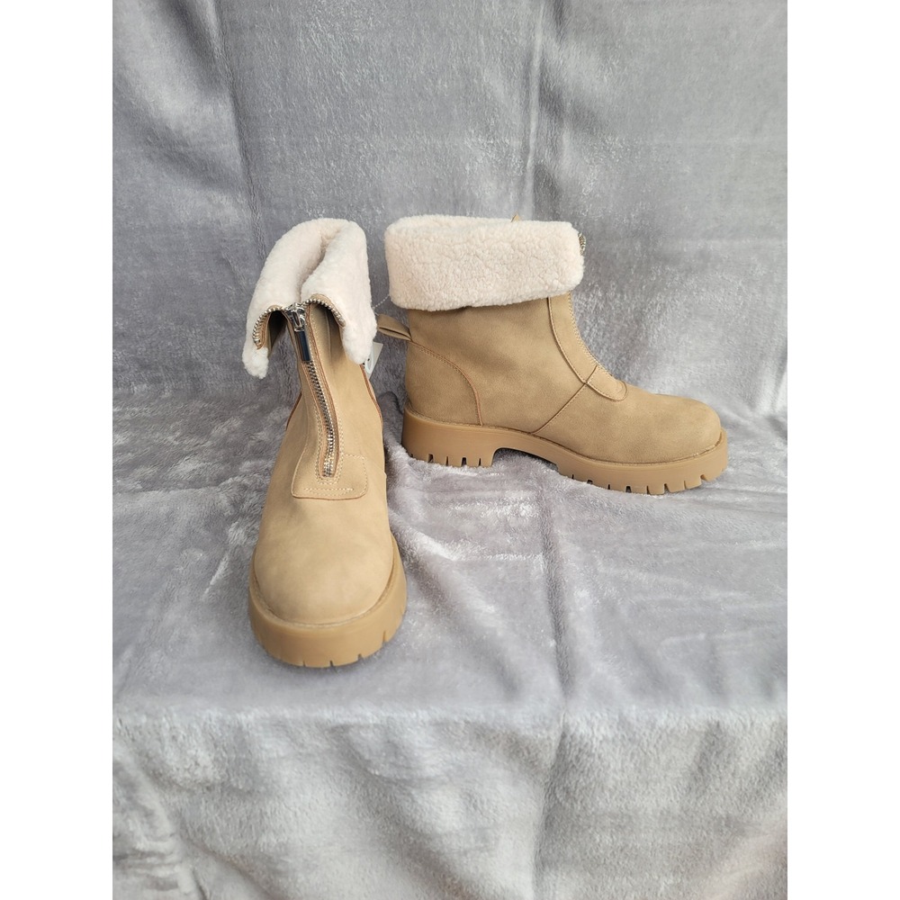 Rustic Cabincore Cozy Zip Boot Sand Faux Fur Memory Foam Size 9 Apres Ski Chunky
